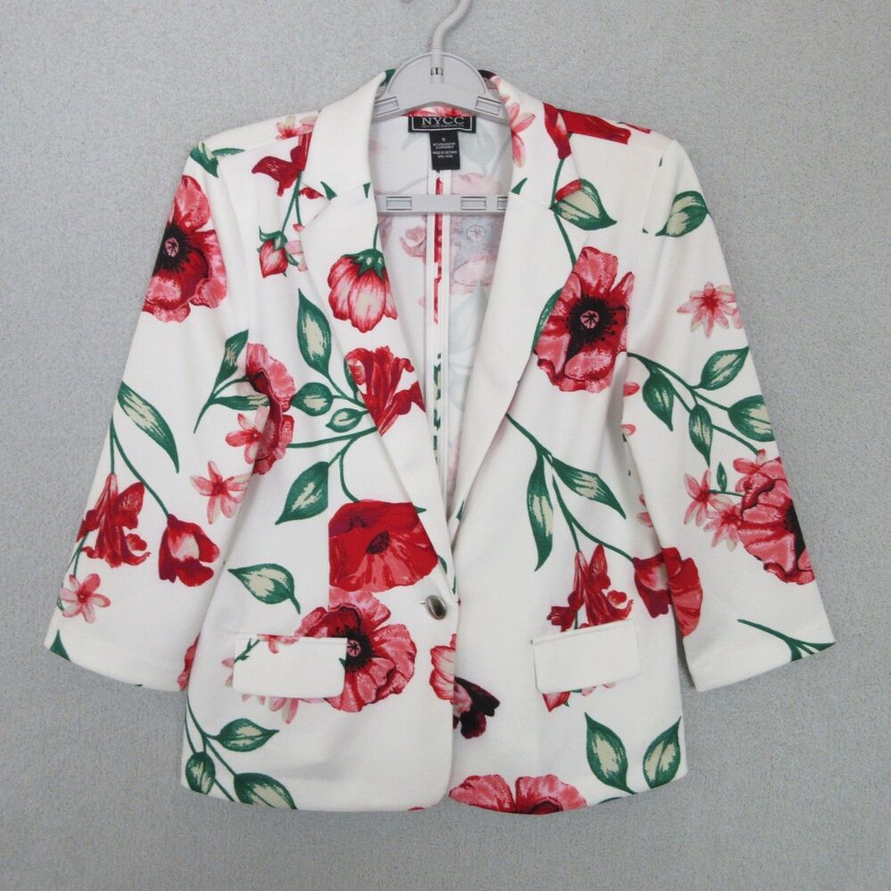 NYCC‎ Blazer Womens S Floral Single Button 3/4 Sleeve White Lightweight Stretch
